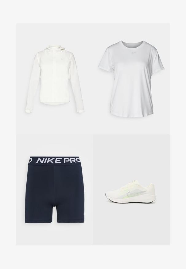 Giacca Nike bianca con cappuccio, zip completa, polsini elasticizzati e un logo discreto sul petto. Texture liscia e design leggero.; T-shirt bianco a maniche corte realizzato in tessuto liscio, con scollatura tonda e un piccolo logo grigio Nike sul petto.; Shorts Nike Pro di colore blu navy con vita elasticizzata, decorati con il logo bianco "NIKE PRO". Tessuto morbido e elastico con un design aderente.; Nike Performance DOWNSHIFTER 13 - Scarpe da corsa su strada - sail/silver-coloured photon dust/summit white/barely volt/black