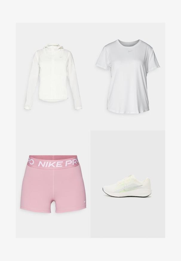 Biała kurtka Nike z kapturem, na zamek błyskawiczny, elastyczne mankiety i subtelne logo na piersi. Gładka tekstura i lekka konstrukcja.; Biała koszulka z krótkim rękawem, uszyta z gładkiego materiału, z okrągłym dekoltem i małym szarym logo Nike na piersi.; Różowe spodenki sportowe wykonane z elastycznego materiału, z szerokim, miękkim pasem w talii z białym logo "NIKE PRO" oraz małym znakiem Nike na nodze.; Nike Performance DOWNSHIFTER 13 biały