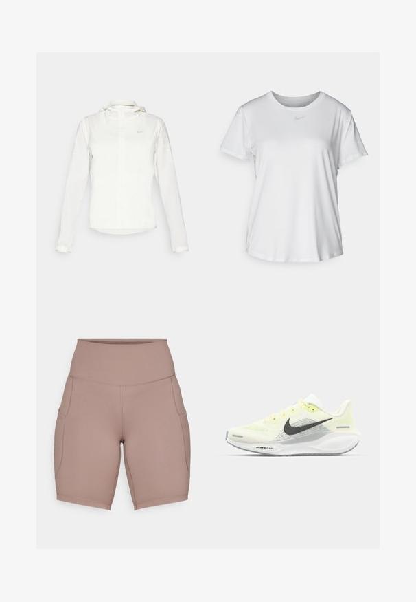 Witte Nike-jack met een capuchon, volledige rits, elastische manchetten en een subtiele logo op de borst. Gladde textuur en lichtgewicht ontwerp.; Witte T-shirt met korte mouwen van gladde stof, met een ronde halslijn en een klein grijs Nike-logo op de borst.; Hoge taille beige fietsbroek van rekbare stof, met zijzakken en platte naden voor comfort.; Nike hardloopschoenen met een lichtgele en witte mesh bovenkant, grijze accenten en een flexibele rubberen zool. Voorzien van een vetersluiting.