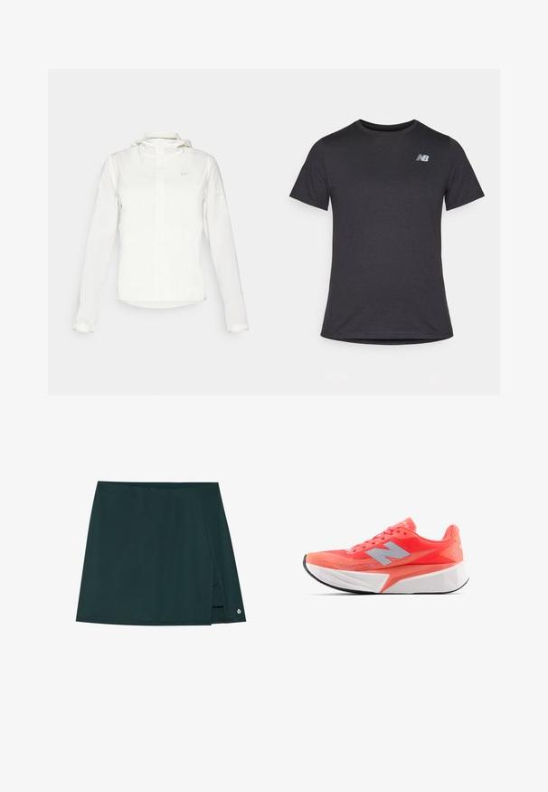 Casaco branco da Nike com capuz, fecho completo, punhos elásticos e um logótipo subtil no peito. Textura suave e design leve.; T-shirt preta de manga curta feita de tecido suave, com um pequeno logótipo cinza da New Balance no canto superior esquerdo do peito, design clássico de decote redondo.; Saia curta verde escura com design de envoltório, apresentando uma fenda lateral e um discreto logótipo próximo à bainha. Feita de um tecido suave.; Shoe de corrida leve em um vibrante coral com parte superior em malha e logotipo prateado. Entressola branca texturizada distinta e sola de borracha preta.