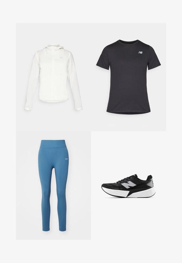 Veste blanche Nike avec capuche, fermeture éclair intégrale, poignets élastiques et un logo discret sur la poitrine. Texture lisse et design léger.; T-shirt noir à manches courtes en tissu doux, avec un petit logo gris New Balance sur le côté gauche de la poitrine, design classique à col rond.; Leggings bleus avec une texture lisse, taille haute et un logo discret sur la hanche. Coupe ajustée, longueur complète, adaptés aux vêtements de sport.; Chaussure de course New Balance noir et blanc avec semelle épaisse, tige en mesh et logo "N" sur le côté, vue de l'extérieur.
