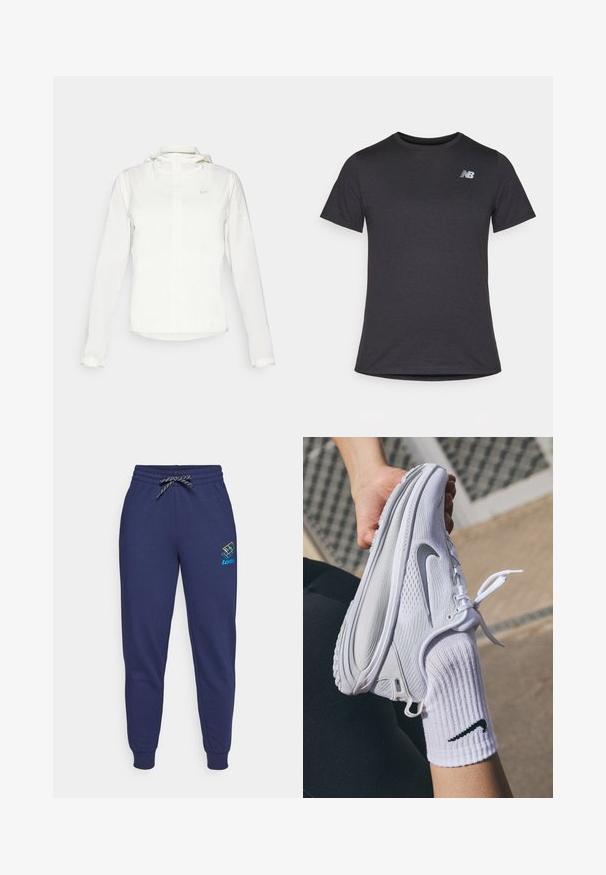 Witte Nike-jack met een capuchon, volledige rits, elastische manchetten en een subtiele logo op de borst. Gladde textuur en lichtgewicht ontwerp.; Zwarte korte mouwen t-shirt van zacht materiaal, met een klein grijs New Balance-logo op de bovenste linkerborst, klassieke ronde hals ontwerp.; Navy blauwe sweatpants met een verstelbare tailleband en enkelmanchetten. Kenmerkt zich door een Lotto-logo in levendige kleuren op het linkerdij. Gemaakt van zachte stof.; Witte sportieve schoen met een textuurontwerp en een grijs Nike-logo, vastgehouden boven een witte sok. De schoen heeft een flexibele zool en veters.