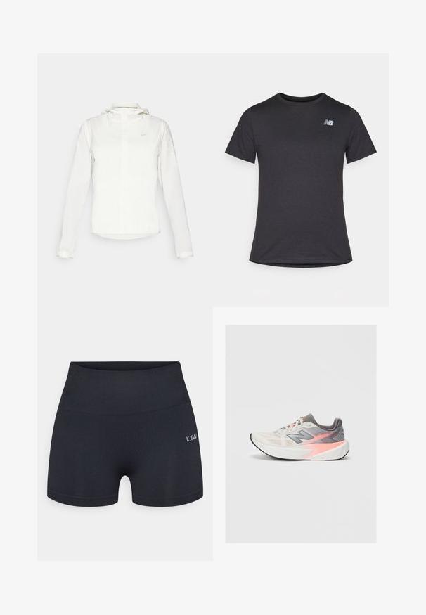Bijela Nike jakna s kapuljačom, punim zatvaračem, elastičnim manžetama i suptilnim logotipom na prsima. Glatka textura i lagan dizajn.; Crna majica s kratkim rukavima napravljena od mekanog materijala, s malim sivim New Balance logotipom na gornjem lijevom dijelu prsnog koša, klasičnog dizajna s kružnim izrezom.; Crne priljubljene kratke hlače od rastezljivega materiala, z širokim pasom in diskretnim logotipom na strani. Gladka površinska tekstura.; Svijetlosivi i ružičasti New Balance trkaći tenisice s debelim bijelim potplatom i crnim donjim dijelom, bočni prikaz na jednostavnoj pozadini.