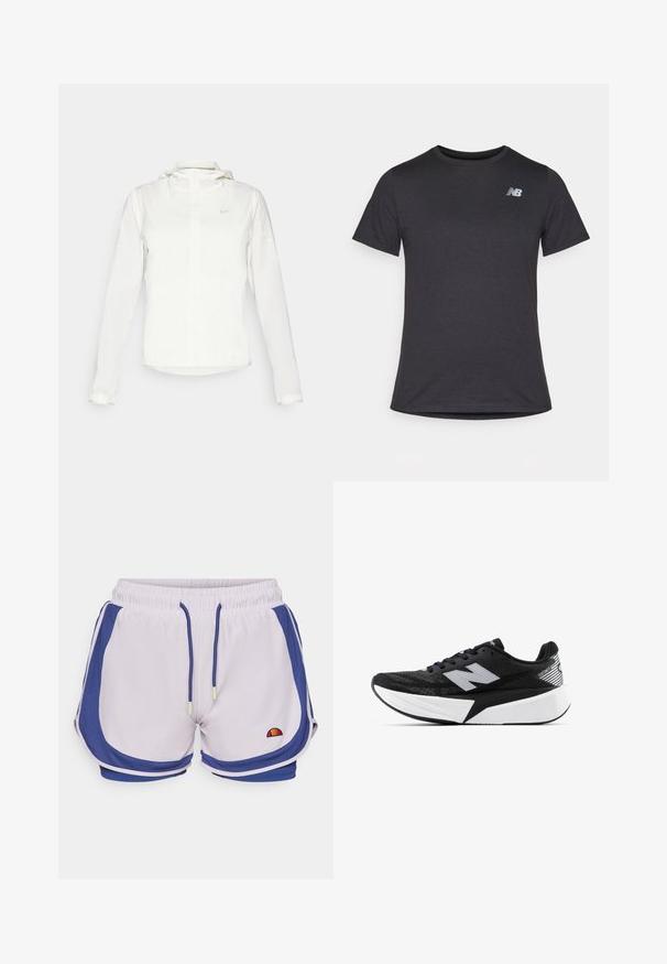 Valge Nike jakker, millel on kapuuts, täispikk tõmblukk, elastsed mansetid ja diskreetne logo rinnal. Sile tekstuur ja kerge disain.; Must beebi särk, millel on lühikesed varrukad ja pehme kangas, ülaosas vasakul rinnal on väike hall New Balance'i logo, klassikaline ümar kaelus.; Heledad lilla lühikesed püksid tumeda sinise külgaktsendiga ja elastse kummiga. Omab kontrastõmblusi ja väikest, mitmevärvilist logo.; Mustvalge New Balance jooksujalats, millel on paks tallar ja võrkkangast ülemine osa, ning külgvaates on näha ka „N” logo.