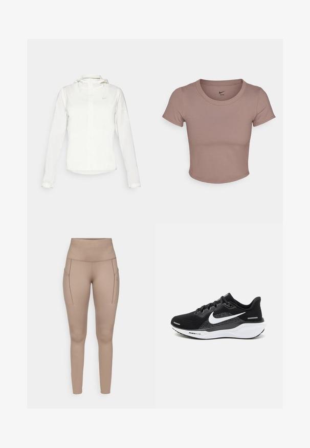 Fehér Nike dzseki kapucnival, teljes cipzárral, rugalmas mandzsettákkal és egy diszkrét logóval a mellkason. Sima textúrájú és könnyű kialakítású.; Barna, rövidített póló sima anyagból, kerek nyakkal és rövid ujjakkal. A Nike logó a gallér belsejében található.; Beige sportleggings magas derekú kialakítással, két oldalsó zsebbel és sima, rugalmas anyaggal. Diszkrét, szürke logó részlet.; Fekete sportcipő, amely hálós felsőrésszel, fehér Nike logóval és fehér párnázott talppal rendelkezik, amely texturált részletekkel van ellátva.