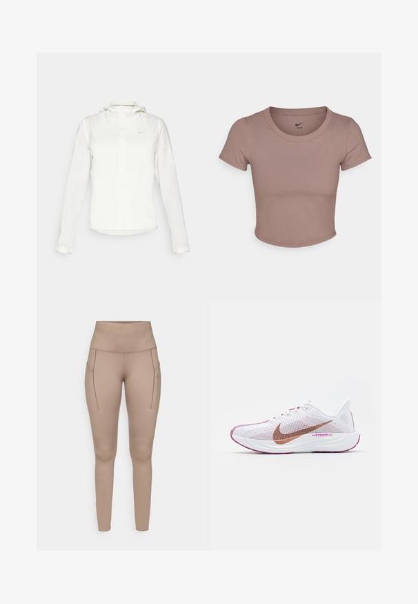 Bela Nike jakna s kapuco, polno zadrgo, elastičnimi manšetami in diskretnim logotipom na prsih. Gladka tekstura in lahko oblikovanje.; Rjava skrajšana majica s kratkimi rokavi, izdelana iz gladkega materiala, z okroglim izrezom. Logotip Nike je natisnjen znotraj ovratnika.; Beige športne legice z visokim pasom, ki imajo dva stranska žepa in gladek, elastičen material. Diskreten grafični logotip v sivi barvi.; Nike Performance PEGASUS PLUS - Tekaški copati za cesto - white/metallic red bronze/platinum violet/plum dust/hot fuchsia