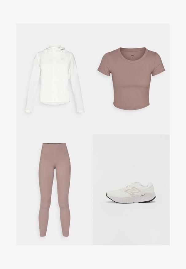 Casaco branco da Nike com capuz, fecho completo, punhos elásticos e um logótipo subtil no peito. Textura suave e design leve.; T-shirt castanho cropped feito de tecido suave, com gola redonda e mangas curtas. Logo da Nike impresso na parte interna da gola.; Leggings activas de cintura alta numa cor mauve suave, feitas de um tecido liso e elástico, com um design sem costuras e sem hardware visível.; Sapatilha atlética branca com parte superior em malha, colarinho acolchoado e uma sola espessa e texturizada. Apresenta um detalhe em cinza claro e o logótipo "New Balance" na lateral.