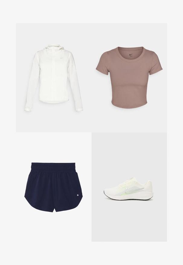 Casaco branco da Nike com capuz, fecho completo, punhos elásticos e um logótipo subtil no peito. Textura suave e design leve.; T-shirt castanho cropped feito de tecido suave, com gola redonda e mangas curtas. Logo da Nike impresso na parte interna da gola.; Calções atléticos azul marinho com uma cinta elástica, dois bolsos laterais e um pequeno detalhe de logotipo no lado inferior direito. Textura de tecido suave.; Nike Performance DOWNSHIFTER 13 - Sapatos para corrida em estrada - sail/silver-coloured photon dust/summit white/barely volt/black