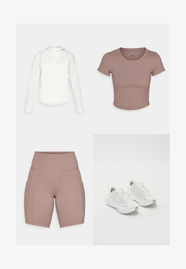 Giacca Nike bianca con cappuccio, zip completa, polsini elasticizzati e un logo discreto sul petto. Texture liscia e design leggero.; T-shirt corto marrone realizzato in tessuto liscio, con scollo rotondo e maniche corte. Logo Nike stampato all'interno del colletto.; Pantaloni bici beige a vita alta realizzati in tessuto elastico, dotati di tasche laterali e cuciture piatte per il comfort.; Scarpe da ginnastica bianche con tomaia in rete testurizzata, suola ammortizzata e sottili dettagli grigi. Comprendono il branding e una linguetta sul tallone per una facile calzata.