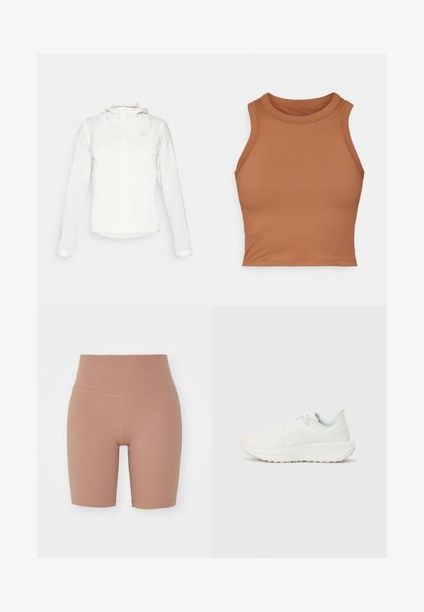 Chaqueta blanca de Nike con capucha, cremallera completa, puños elásticos y un logo sutil en el pecho. Textura suave y diseño ligero.; Top corto sin mangas marrón, hecho de una tela suave. Presenta un escote alto y bordes ajustados para un diseño ceñido.; Pantalones cortos de ciclismo de cintura alta en color beige, fabricados con un material elástico, que cuentan con una textura suave y costuras limpias para mayor comodidad y ajuste.; Zapatillas deportivas blancas con un upper texturizado, cuello acolchado y cierre de cordones. Presentan una suela curva y un sutil logotipo en el lateral.