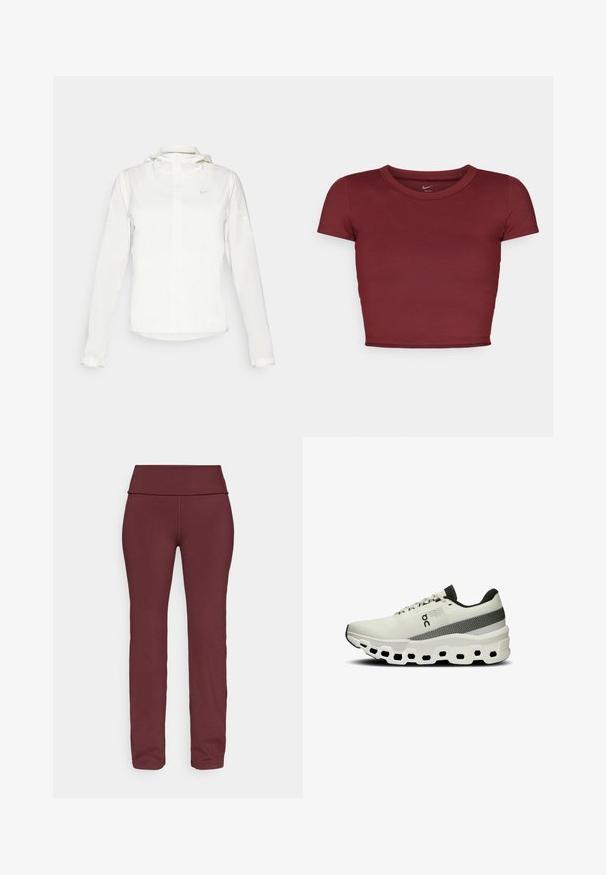 Biała kurtka Nike z kapturem, na zamek błyskawiczny, elastyczne mankiety i subtelne logo na piersi. Gładka tekstura i lekka konstrukcja.; Bordowy crop top z krótkim rękawem, wykonany z gładkiego materiału z okrągłym dekoltem. Minimalistyczny design, bez widocznych logo czy wzorów.; Burgundowe legginsy z szerokim, złożonym pasem, zwężającymi się nogawkami i gładkim, elastycznym materiałem nadającym się do odzieży sportowej.; Biała sportowa but w teksturowanej dzianinie, z szarym paskiem i grubo podeszwa amortyzującą z heksagonalnymi wycięciami dla elastyczności.