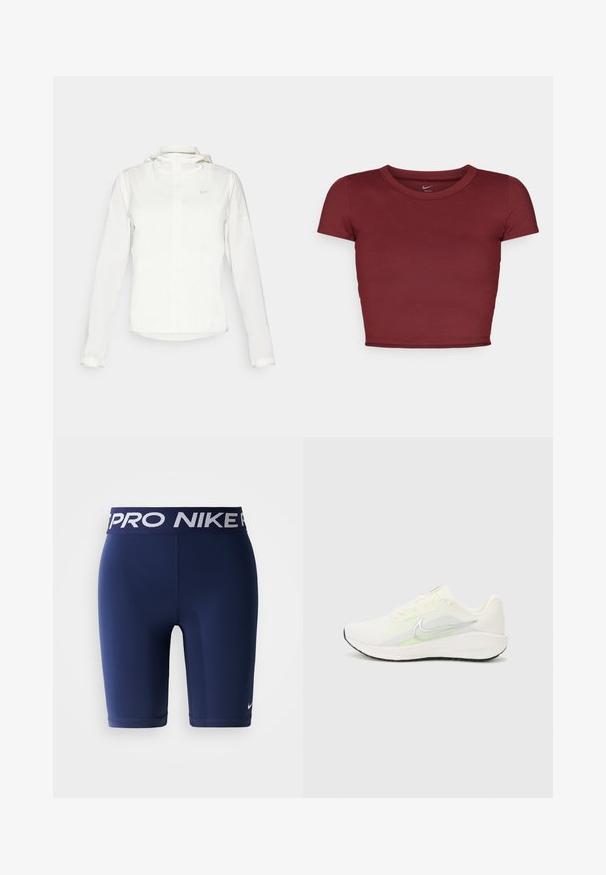 Casaco branco da Nike com capuz, fecho completo, punhos elásticos e um logótipo subtil no peito. Textura suave e design leve.; Top cropped às mangas curtas em bordo, feito de tecido suave com decote redondo. Design minimalista, sem logótipos ou padrões visíveis.; Calções de compressão Nike Pro azul-marinho com cintura elástica, apresentando a marcação em branco Nike Pro e um pequeno swoosh branco da Nike na perna.; Nike Performance DOWNSHIFTER 13 - Sapatos para corrida em estrada - sail/silver-coloured photon dust/summit white/barely volt/black