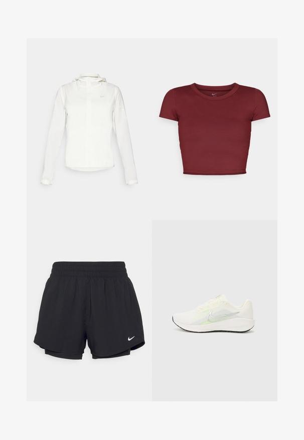 Hvid Nike-jakke med hætte, fuld lynlås, elastiske manchetter og et diskret logo på brystet. Glat tekstur og let design.; Bordeaux kortærmet crop top lavet af glat stof med rund halsudskæring. Minimalistisk design, ingen synlige logoer eller mønstre.; Sorte atletiske shorts med en samlet elastisk talje, indvendig foring og hvidt Nike-logo nederst til venstre. Glat, letvægtsstof.; Nike Performance DOWNSHIFTER 13 - Løbesko til landevejen - sail/silver-coloured photon dust/summit white/barely volt/black