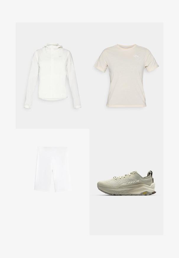 Veste blanche Nike avec capuche, fermeture éclair intégrale, poignets élastiques et un logo discret sur la poitrine. Texture lisse et design léger.; T-shirt léger beige à manches courtes, avec un col rond et un logo triangulaire subtil en blanc sur la poitrine. Tissu doux avec une texture lisse.; Shorts de vélo blancs en tissu extensible, dotés d'une taille élastique et d'un design lisse et sans couture. Longueur mi-cuisse.; Chaussure de course beige clair avec une tige en maille respirante, des détails texturés, un système de laçage et une semelle extérieure Vibram pour une meilleure adhérence.