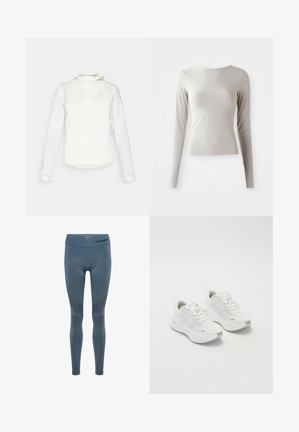 Witte Nike-jack met een capuchon, volledige rits, elastische manchetten en een subtiele logo op de borst. Gladde textuur en lichtgewicht ontwerp.; Lichtgrijs langwerpig shirt met lange mouwen, gemaakt van een gladde, soepele stof met een ronde halslijn en een aansluitende snit. De zoom is aan de onderkant iets uitlopend.; Hoge taille, rekbare legging in een donkerblauwe tint. Heeft textuurpanelen en een elastische tailleband, met branding op de taille.; Witte sportieve schoenen met een gestructureerde mesh bovenkant, een comfortabele zool en subtiele grijze accenten. Inclusief branding en een lus aan de hiel voor eenvoudig aan- en uittrekken.