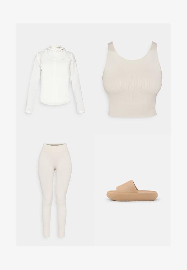 Witte Nike-jack met een capuchon, volledige rits, elastische manchetten en een subtiele logo op de borst. Gladde textuur en lichtgewicht ontwerp.; Beige geribbelde crop top met brede bandjes, een ronde halslijn en een aansluitende taille. De textuur is glad, van een rekbare, lichte stof.; Geribbelde legging in beige, met een hoge tailleband en een aansluitend ontwerp. Glad textuur met taps toelopende benen en omgeslagen naden.; Tan schuifslipper met een dikke, gestructureerde band en een afgeronde zool. Heeft een gladde afwerking en een profiel aan de onderkant voor grip.