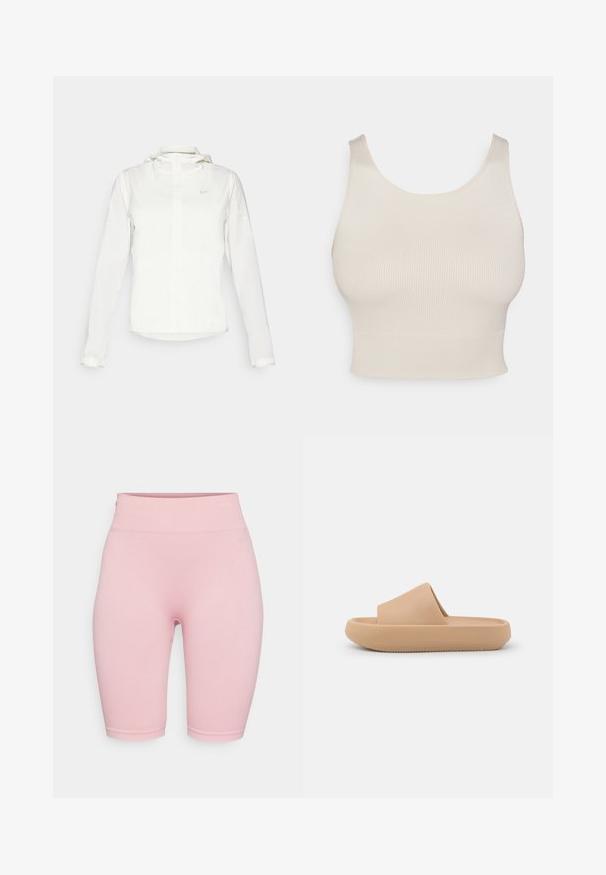 Balta Nike striukė su gobtuvu, pilnu užtrauktuku, elastingomis rankovėmis ir subtiliu logotipu ant krūtinės. Sklandi tekstūra ir lengvas dizainas.; Kreminės spalvos juostuotas trumpas viršus su plačiomis petnešėlėmis, apvaliu iškirpimu ir prigludusia juosmena. Audinio tekstūra lygi, pagaminta iš tamprios, lengvos medžiagos.; Šviesiai rožinės spalvos dviratininkų šortai, pagaminti iš alene žaliavos, su aukštu juosmeniu ir prigludusia siluetu, sklandžiomis siūlėmis ir be papildomų raštų.; Ruda slydimoji sandalija su storu tekstūriniu dirželiu ir apvaliu padu. Savybė - sklandus paviršius ir reljefinis padas, užtikrinantis sukibimą.