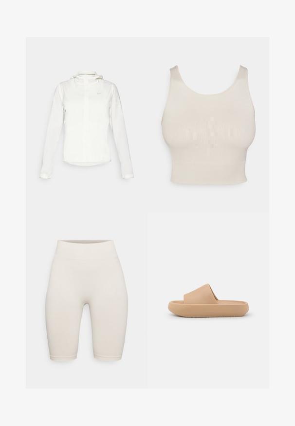 White Nike jacket with a hood, full zip, elastic cuffs, and a subtle logo on the chest. Smooth texture and lightweight design.; Beige ribbed crop top with wide straps, a round neckline, and a fitted waist. The texture is smooth, with a stretchy, lightweight fabric.; Cream-colored ribbed bike shorts with a high waistband, featuring smooth texture and a fitted style, ending just above the knee.; Tan slide sandal with a thick textured strap and a rounded sole. Features a smooth finish and a treaded underside for grip.