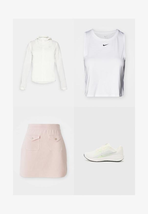 Balta Nike jaka ar kapuci, pilna rāvējslēdzēja, elastīgām piedurknēm un diskrētu logotipu uz krūšu daļas. Gluda tekstūra un viegla konstrukcija.; Balts bez piedurknēm sporta krekls, kas izgatavots no gludas auduma, ar apaļu kakla izgriezumu un mazu melnu Nike logo uz krūškurvja.; Rozā svārki, kas izgatavoti no auduma ar gludu tekstūru. Ietver divas priekšējās kabatas ar atloka aizdari un dekoratīvu stitching gar apakšmalu.; Nike Performance DOWNSHIFTER 13 - Apavi skriešanai pa asfaltu - sail/silver-coloured photon dust/summit white/barely volt/black