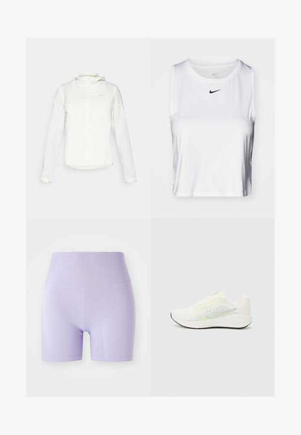 Bílá bunda Nike s kapucí, plným zipem, elastickými manžetami a decentním logem na hrudi. Hladká textura a lehký design.; Bílé sportovní tílko bez rukávů vyrobené z hladkého materiálu, s kulatým výstřihem a malým černým logem Nike na hrudi.; Levandulové aktivní šortky s vysokým pasem, hladkým elastickým materiálem a střihem do délky kolen. Obsahují ploché švy pro pohodlí.; Nike Performance DOWNSHIFTER 13 - Silniční běžecké boty - sail/silver-coloured photon dust/summit white/barely volt/black