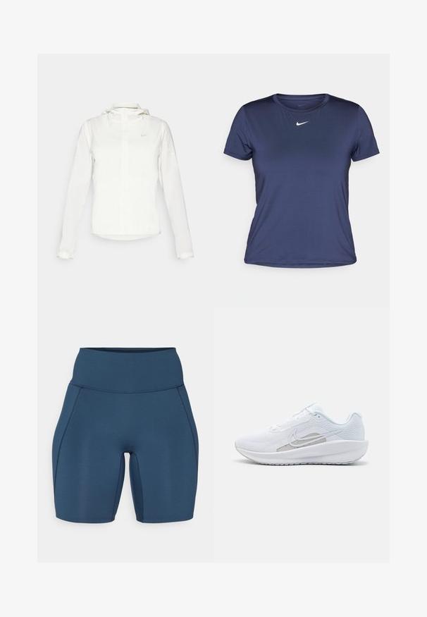 Casaco branco da Nike com capuz, fecho completo, punhos elásticos e um logótipo subtil no peito. Textura suave e design leve.; T-shirt atlético de mangas curtas azul marinho, feito de um tecido liso e leve, com um pequeno logo branco da Nike no peito.; Calças de treino azul-escuras com uma cintura alta, textura suave e costuras planas. Apresentam um design ajustado que se estende até a meio do thigh.; Sapatilha atlética branca com parte superior em rede, bico arredondado e sola texturizada. Apresenta o símbolo Nike em prata e um design minimalista.