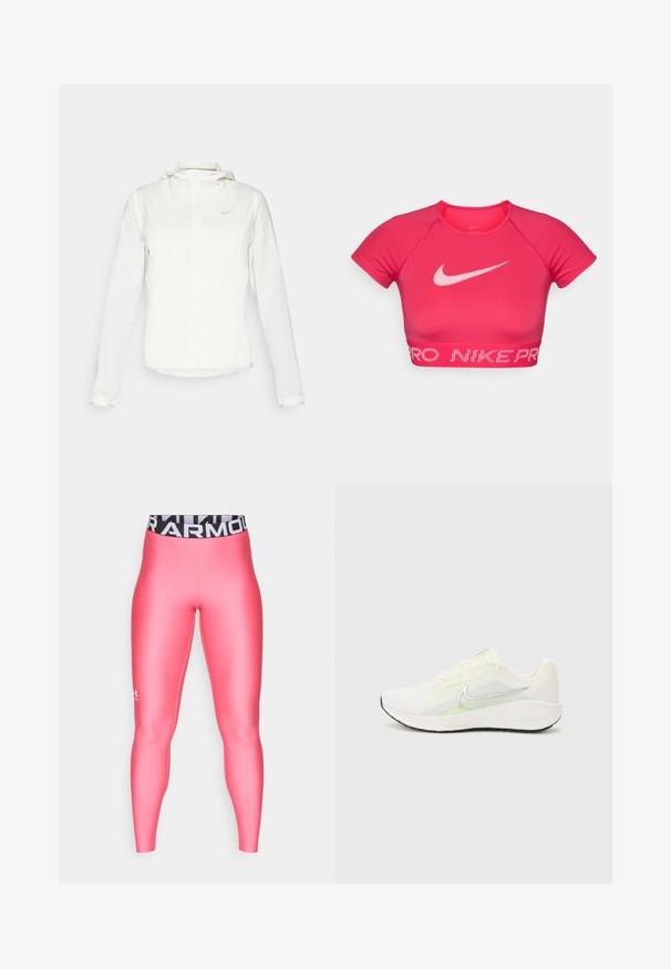Fehér Nike dzseki kapucnival, teljes cipzárral, rugalmas mandzsettákkal és egy diszkrét logóval a mellkason. Sima textúrájú és könnyű kialakítású.; Rózsaszín Nike Pro edző crop top kerek nyakkal, rövid ujjakkal, és kontrasztos fehér logóval, valamint márkás pánttal az alján.; Under Armour HEATGEAR - Leggingek - super pink/white; Nike Performance DOWNSHIFTER 13 - Utcai futócipők - sail/silver-coloured photon dust/summit white/barely volt/black