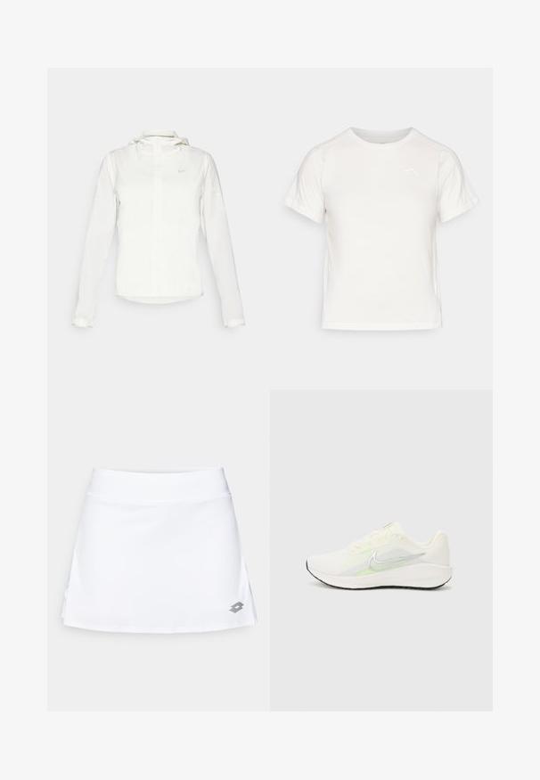 Chaqueta blanca de Nike con capucha, cremallera completa, puños elásticos y un logo sutil en el pecho. Textura suave y diseño ligero.; Camiseta blanca ligera con mangas cortas, cuello redondo y un pequeño logo en la esquina superior izquierda. Tejido suave con un sutil brillo.; Falda deportiva blanca hecha de una tela suave y elástica. Presenta una cinturilla ancha y un pequeño logotipo gris en la parte inferior derecha.; Nike Performance DOWNSHIFTER 13 - Zapatillas running asfalto - sail/silver-coloured photon dust/summit white/barely volt/black