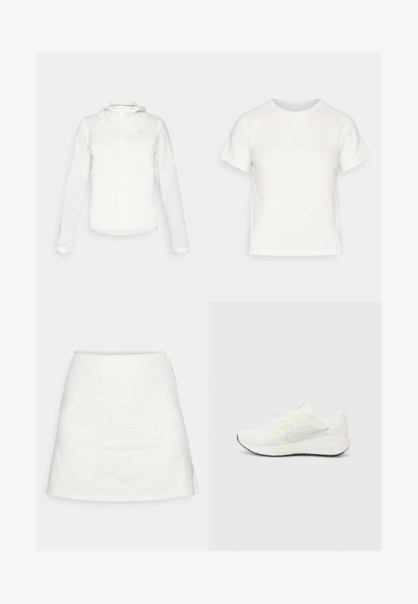 Fehér Nike dzseki kapucnival, teljes cipzárral, rugalmas mandzsettákkal és egy diszkrét logóval a mellkason. Sima textúrájú és könnyű kialakítású.; Könnyű fehér póló rövid ujjakkal, kerek nyakkal és egy apró logóval a bal felső sarkában. Simasága és enyhe fényessége van.; Fehér A-vonalú szoknya sima textúrával, combközép hosszúsággal és diszkrét oldalsó varrással. Nincsenek látható záródások vagy minták.; Nike Performance DOWNSHIFTER 13 - Utcai futócipők - sail/silver-coloured photon dust/summit white/barely volt/black