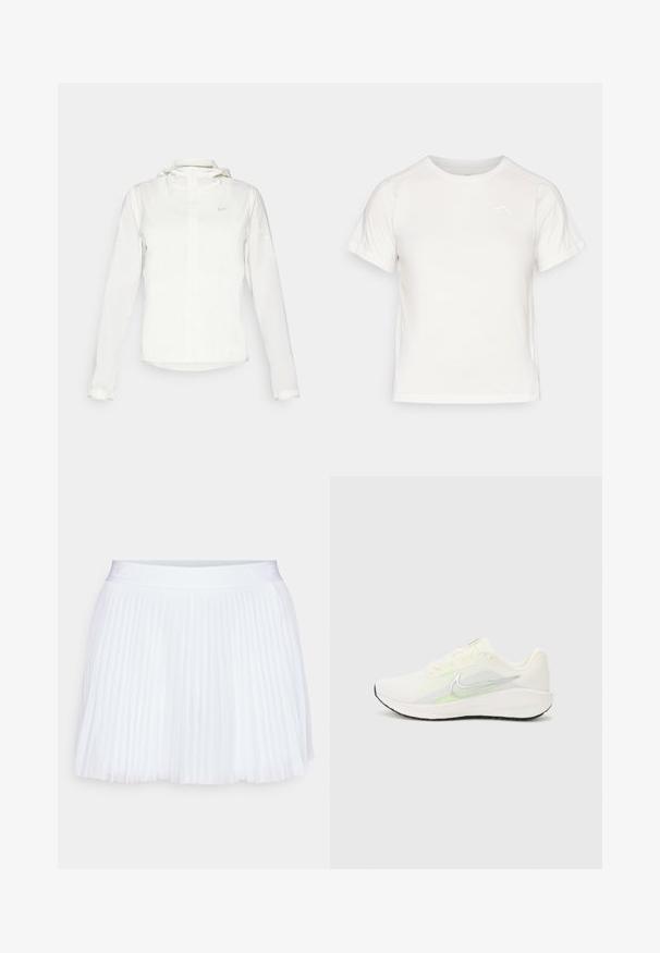 Fehér Nike dzseki kapucnival, teljes cipzárral, rugalmas mandzsettákkal és egy diszkrét logóval a mellkason. Sima textúrájú és könnyű kialakítású.; Könnyű fehér póló rövid ujjakkal, kerek nyakkal és egy apró logóval a bal felső sarkában. Simasága és enyhe fényessége van.; Fehér pliszírozott szoknya sima derékkal. Könnyű anyagból készült, és egységes pliszírozott mintázata van az egész felületen.; Nike Performance DOWNSHIFTER 13 - Utcai futócipők - sail/silver-coloured photon dust/summit white/barely volt/black