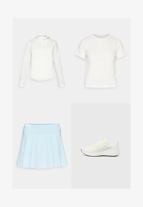 Valge Nike jakker, millel on kapuuts, täispikk tõmblukk, elastsed mansetid ja diskreetne logo rinnal. Sile tekstuur ja kerge disain.; Kerge valge T-särk lühikeste varrukatega, ümmarguse kaelusega ja väikese logoga vasakus ülanurgas. Sile kangas, millel on õrn läige.; Heleheles sinine sportlik seelik, millel on laienev disain, elastne vöökoht ja sile kangatunne. Omab külje peal diskreetset sisseehitatud taskut.; Nike Performance DOWNSHIFTER 13 - Maanteejooksu jalatsid - sail/silver-coloured photon dust/summit white/barely volt/black