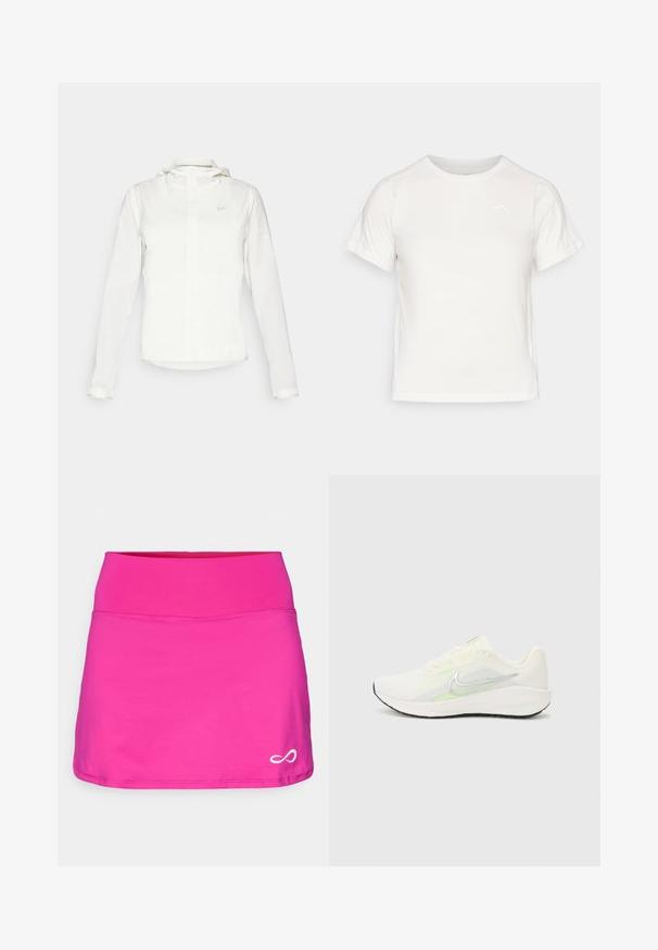 Biała kurtka Nike z kapturem, na zamek błyskawiczny, elastyczne mankiety i subtelne logo na piersi. Gładka tekstura i lekka konstrukcja.; Lekka biała koszulka z krótkim rękawem, okrągłym dekoltem i małym logo w lewym górnym rogu. Gładki materiał o subtelnej połysku.; Endless - Spódnica sportowa; Nike Performance DOWNSHIFTER 13 biały
