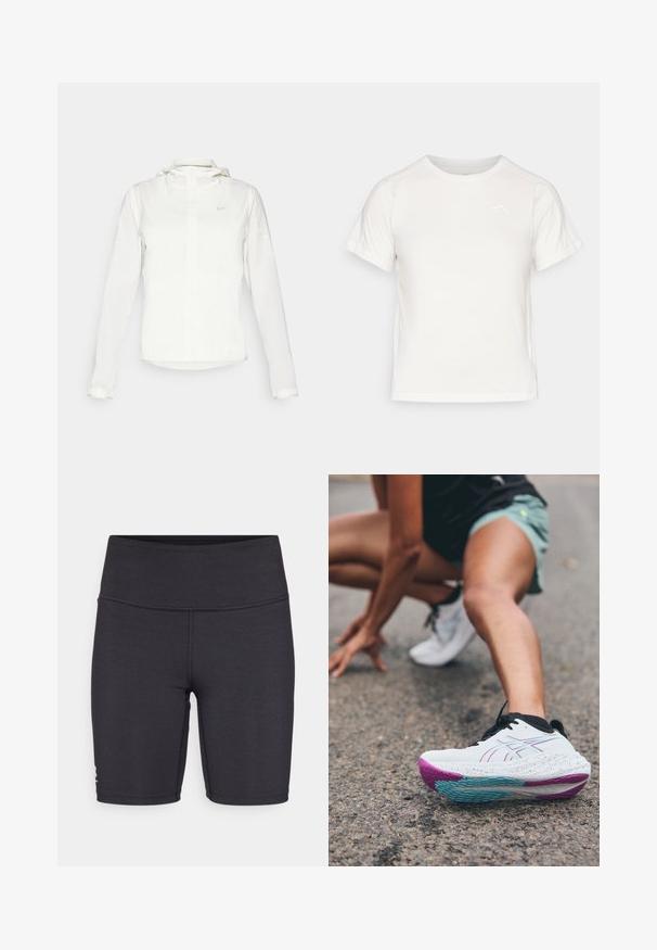 White Nike jacket with a hood, full zip, elastic cuffs, and a subtle logo on the chest. Smooth texture and lightweight design.; Lightweight white T-shirt with short sleeves, round neck, and a small logo in the upper left corner. Smooth fabric with a subtle sheen.; Black athletic shorts made of stretchy fabric, featuring a high waistband and flatlock stitching details. Designed for comfort and mobility.; ASICS GEL-NIMBUS 26 - Road running shoes - white/soothing sea