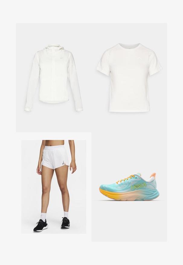 Vit Nike-jacka med huva, hel dragkedja, elastiska ärmslutar och en diskret logotyp på bröstet. Slät textur och lätt design.; Lätt vit T-shirt med korta ärmar, rund hals och en liten logotyp i det övre vänstra hörnet. Slät tyg med en subtil lyster.; Vita sportshorts med ribbad midjeresår, sidospjäll och en svart Nike-logotyp. Bärs med svarta sneakers och vita strumpor i crew-längd.; Ljust blå löparsko med en strukturerad mesh-övre, orange-accenter och en flerfärgad gradient-sula. Har HOKA-logotypen på sidan.
