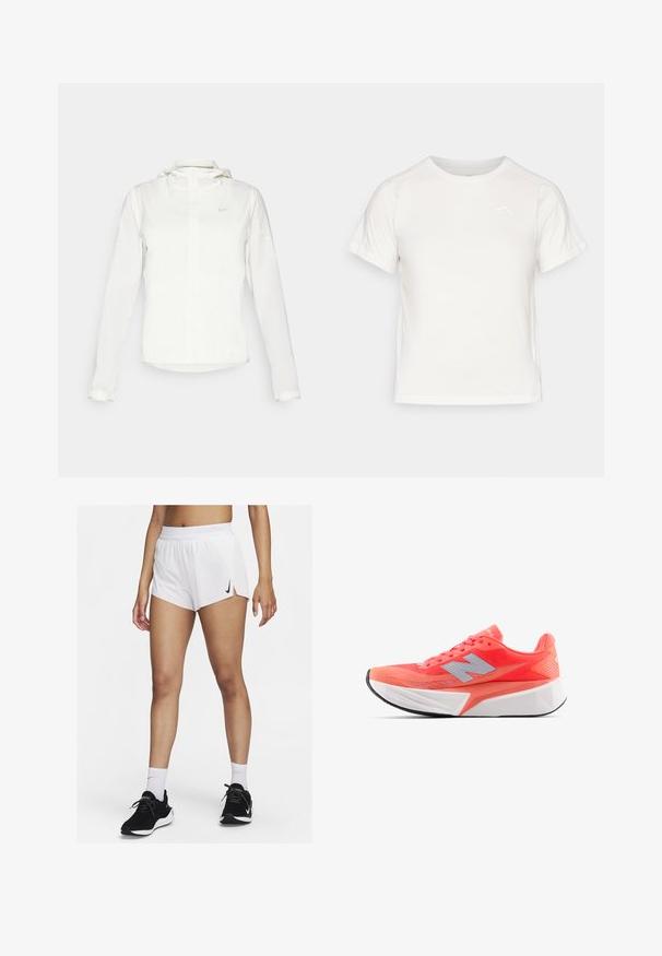 Veste blanche Nike avec capuche, fermeture éclair intégrale, poignets élastiques et un logo discret sur la poitrine. Texture lisse et design léger.; T-shirt léger blanc à manches courtes, col rond et avec un petit logo dans le coin supérieur gauche. Tissu lisse avec un léger éclat.; Shorts de sport blancs avec une ceinture côtelée, des fentes latérales et un logo Nike noir. Portés avec des baskets noires et des chaussettes hautes blanches.; Chaussure de course légère en corail vif avec haut en mesh et logo argenté. Semelle intermédiaire blanche texturée distincte et semelle extérieure en caoutchouc noir.