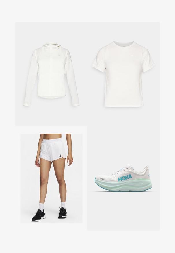 Vit Nike-jacka med huva, hel dragkedja, elastiska ärmslutar och en diskret logotyp på bröstet. Slät textur och lätt design.; Lätt vit T-shirt med korta ärmar, rund hals och en liten logotyp i det övre vänstra hörnet. Slät tyg med en subtil lyster.; Vita sportshorts med ribbad midjeresår, sidospjäll och en svart Nike-logotyp. Bärs med svarta sneakers och vita strumpor i crew-längd.; Vit löparsko med dämpad sula, blå detaljer och överdel i mesh. Har en framträdande logotyp och texturerad sula för bra grepp.