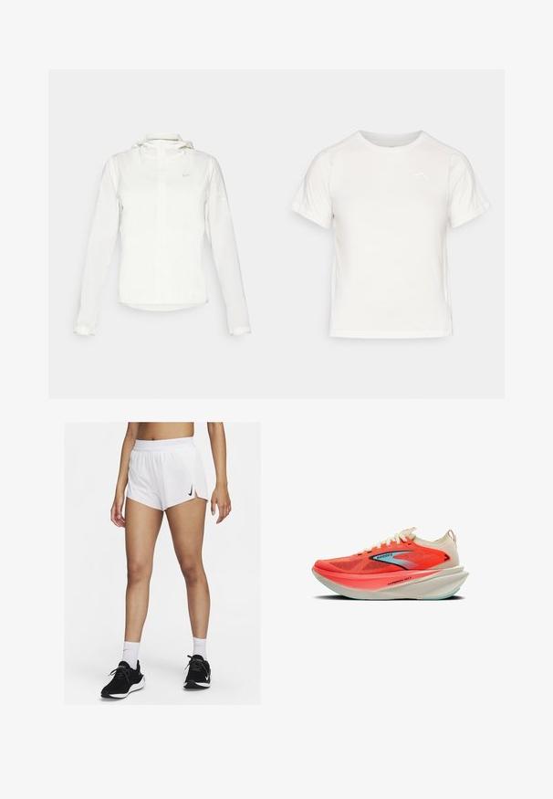 Hvid Nike-jakke med hætte, fuld lynlås, elastiske manchetter og et diskret logo på brystet. Glat tekstur og let design.; Let T-shirt i let hvidt med korte ærmer, rund hals og et lille logo i øverste venstre hjørne. Glat stof med en subtil glans.; Hvide atletikshorts med ribbet taljebånd, sideslids og sort Nike-logo. Båret med sorte sneakers og hvide crew-sokker.; Brooks Hyperion Max løbesko i lys koral og creme, med en åndbar mesh-overdel, bred mellemsål og lyseblå såle-accenter.