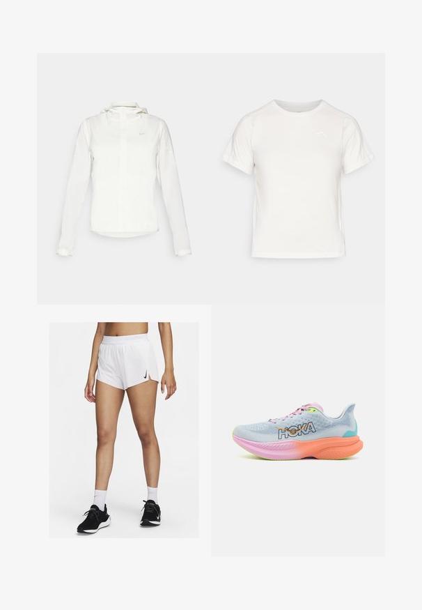 White Nike jacket with a hood, full zip, elastic cuffs, and a subtle logo on the chest. Smooth texture and lightweight design.; Lightweight white T-shirt with short sleeves, round neck, and a small logo in the upper left corner. Smooth fabric with a subtle sheen.; White athletic shorts with a ribbed waistband, side slits, and a black Nike logo. Worn with black sneakers and white crew socks.; HOKA MACH 6 - Road running shoes - illusion/dusk
