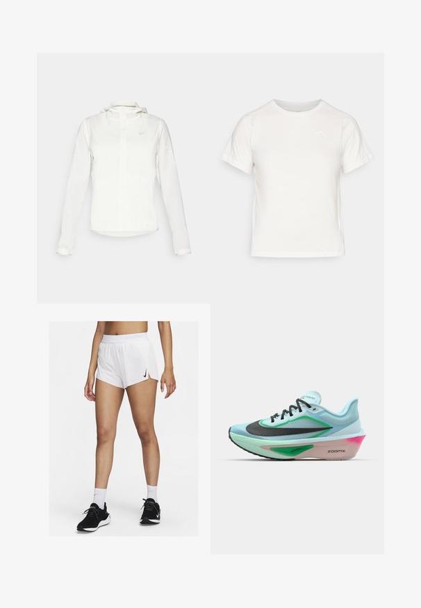 Valge Nike jakker, millel on kapuuts, täispikk tõmblukk, elastsed mansetid ja diskreetne logo rinnal. Sile tekstuur ja kerge disain.; Kerge valge T-särk lühikeste varrukatega, ümmarguse kaelusega ja väikese logoga vasakus ülanurgas. Sile kangas, millel on õrn läige.; Valged spordipüksid soonilise vöökohaga, külgmiste lõhikute ja musta Nike logoga. Kandmiseks koos mustade spordijalatsite ja valgete sportlike sokkidega.; Heled sinise jooksujalats, millel on tekstureeritud must võrkmaterjal ülaosa, rohelised aktsendid, roosaka varjundiga keskmine tald ja kummist väljalaskeava. Omab paelu ja brändingut.