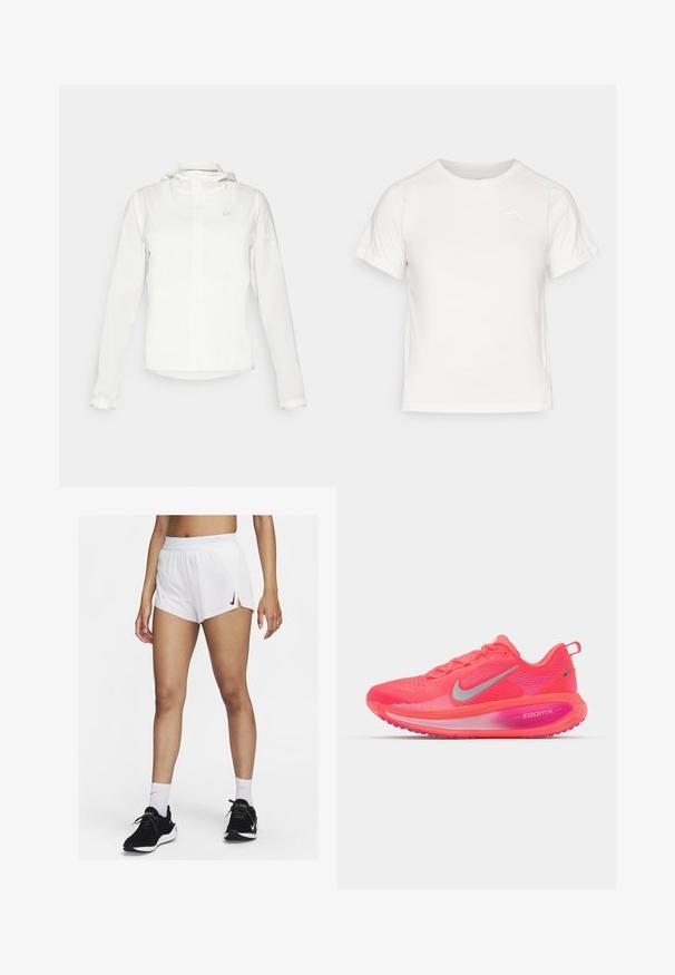 White Nike jacket with a hood, full zip, elastic cuffs, and a subtle logo on the chest. Smooth texture and lightweight design.; Lightweight white T-shirt with short sleeves, round neck, and a small logo in the upper left corner. Smooth fabric with a subtle sheen.; White athletic shorts with a ribbed waistband, side slits, and a black Nike logo. Worn with black sneakers and white crew socks.; Nike Performance VOMERO 18 - Road running shoes - bright crimson/white/hyper pink/pink foam