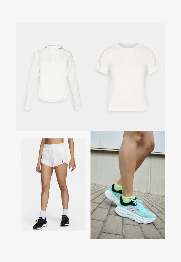 Bela Nike jakna s kapuco, polno zadrgo, elastičnimi manšetami in diskretnim logotipom na prsih. Gladka tekstura in lahko oblikovanje.; Lahki beli T-majica s kratkimi rokavi, okroglo ovratnikom in majhnim logotipom v zgornjem levem kotu. Gladko blago z rahlim sijajem.; Beli atletski šort z rebrastim pasom, stranskimi zarezi in črnim logotipom Nike. Nošen s črnimi supergami in belimi nogavicami do gležnja.; HOKA športni copati v svetlo modri barvi s temno modrimi detajli in roza logotipom; mrežast zgornji del in debel bel podplat; v kombinaciji s svetlo zelenimi nogavicami.