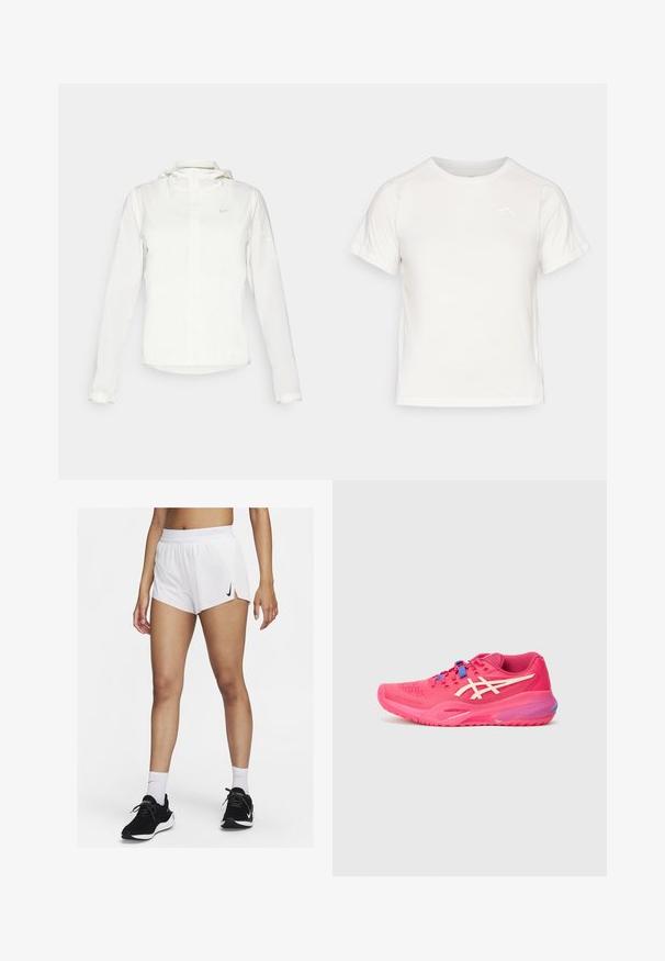 White Nike jacket with a hood, full zip, elastic cuffs, and a subtle logo on the chest. Smooth texture and lightweight design.; Lightweight white T-shirt with short sleeves, round neck, and a small logo in the upper left corner. Smooth fabric with a subtle sheen.; White athletic shorts with a ribbed waistband, side slits, and a black Nike logo. Worn with black sneakers and white crew socks.; Sport shoe in vibrant pink, featuring mesh texture, minimalistic design, white accents, and blue laces. Curved sole with aerodynamic shape.