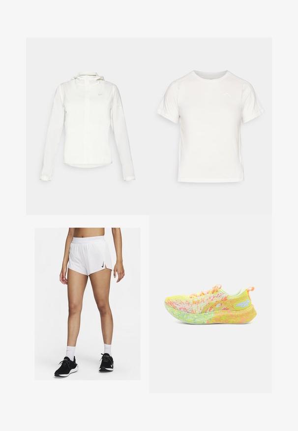 Valge Nike jakker, millel on kapuuts, täispikk tõmblukk, elastsed mansetid ja diskreetne logo rinnal. Sile tekstuur ja kerge disain.; Kerge valge T-särk lühikeste varrukatega, ümmarguse kaelusega ja väikese logoga vasakus ülanurgas. Sile kangas, millel on õrn läige.; Valged spordipüksid soonilise vöökohaga, külgmiste lõhikute ja musta Nike logoga. Kandmiseks koos mustade spordijalatsite ja valgete sportlike sokkidega.; ASICS NOOSA TRI 16 - Maanteejooksu jalatsid - safety yellow/cool matcha