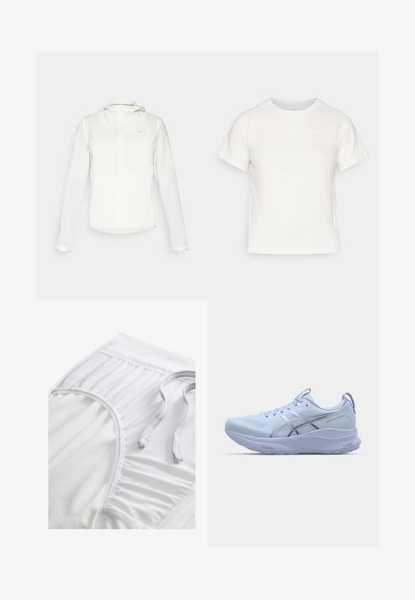Jachetă albă Nike cu glugă, fermoar pe toată lungimea, manșete elastice și un logo subtil pe piept. Textură netedă și design ușor.; Tricou alb ușor, cu mâneci scurte, guler rotund și un logo mic în colțul din stânga sus. Material neted cu un luciu subtil.; Shorts albi de sport cu un tiv texturat, detalii laterale pliate și un șnur plat. Material moale cu un finisaj neted.; Adidași de alergare de culoare albastră deschisă, cu partea superioară din plasă, accente reflectorizante argintii, o talpă cushioned și un tread din cauciuc texturat pentru aderență.