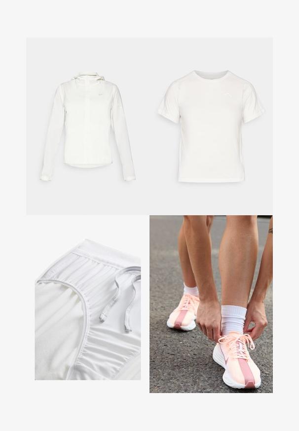 Biela Nike bunda s kapucňou, plným zipsom, elastickými manžetami a jemným logom na hrudi. Hladká textúra a ľahký dizajn.; Ľahké biele tričko s krátkymi rukávmi, okrúhlym výstrihom a malým logom v hornom ľavom rohu. Hladká tkanina s miernym leskom.; Biele atletické šortky s textúrovaným pásom, zbernými bočnými detailmi a plochou šnúrkou. Mäkká tkanina s hladkým povrchom.; Nike Performance PEGASUS PLUS - Cestná bežecká obuv - crimson tint/white/pure platinum/red stardust/vast grey