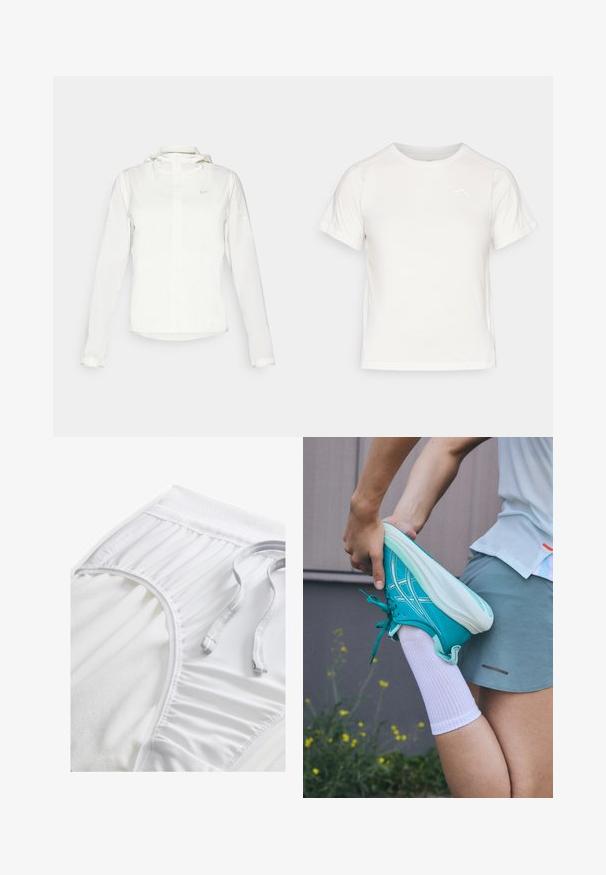 Chaqueta blanca de Nike con capucha, cremallera completa, puños elásticos y un logo sutil en el pecho. Textura suave y diseño ligero.; Camiseta blanca ligera con mangas cortas, cuello redondo y un pequeño logo en la esquina superior izquierda. Tejido suave con un sutil brillo.; Pantalones cortos deportivos blancos con una cinta de cintura texturizada, detalles fruncidos en los laterales y un cordón plano. Tejido suave con un acabado liso.; Zapatilla deportiva turquesa con una superficie texturada, cordones y suela blanca. Persona estirando la pierna lleva un calcetín blanco y pantalones cortos deportivos grises.