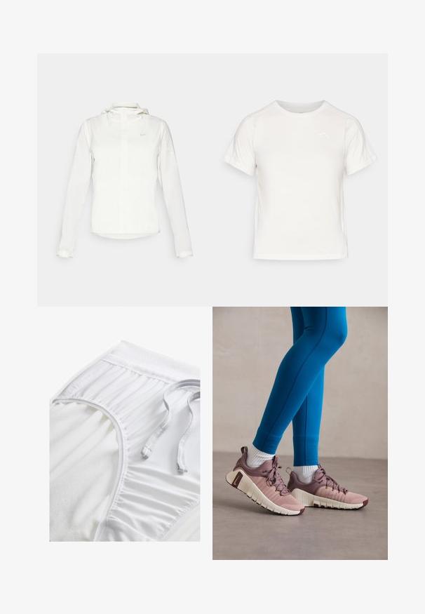 Chaqueta blanca de Nike con capucha, cremallera completa, puños elásticos y un logo sutil en el pecho. Textura suave y diseño ligero.; Camiseta blanca ligera con mangas cortas, cuello redondo y un pequeño logo en la esquina superior izquierda. Tejido suave con un sutil brillo.; Pantalones cortos deportivos blancos con una cinta de cintura texturizada, detalles fruncidos en los laterales y un cordón plano. Tejido suave con un acabado liso.; Zapatillas deportivas en rosa claro y beige con paneles laterales texturizados, acentos marrones y suelas flexibles. Combinadas con leggings azules y calcetines blancos.
