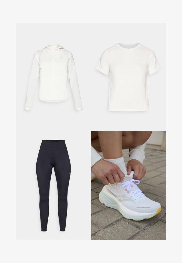Biela Nike bunda s kapucňou, plným zipsom, elastickými manžetami a jemným logom na hrudi. Hladká textúra a ľahký dizajn.; Ľahké biele tričko s krátkymi rukávmi, okrúhlym výstrihom a malým logom v hornom ľavom rohu. Hladká tkanina s miernym leskom.; Vysoké čierne legíny s elastickým materiálom, s hladkým povrchom a malým logom na dolnej časti nohy. Priliehavý dizajn.; Saucony HURRICANE 24 - Cestná bežecká obuv - white