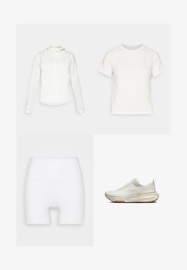Jachetă albă Nike cu glugă, fermoar pe toată lungimea, manșete elastice și un logo subtil pe piept. Textură netedă și design ușor.; Tricou alb ușor, cu mâneci scurte, guler rotund și un logo mic în colțul din stânga sus. Material neted cu un luciu subtil.; Șorturi albe cu talie înaltă, fabricate dintr-un material elastic. Au o textură netedă și un design ajustat, fără modele sau accesorii suplimentare.; Sneaker alb de atletism cu un top texturat, vârf rotund și talpă căptușită. Prezintă un accent auriu și o mână pe toc.