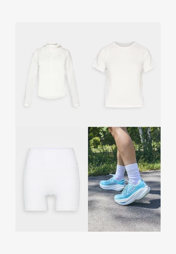 Veste blanche Nike avec capuche, fermeture éclair intégrale, poignets élastiques et un logo discret sur la poitrine. Texture lisse et design léger.; T-shirt léger blanc à manches courtes, col rond et avec un petit logo dans le coin supérieur gauche. Tissu lisse avec un léger éclat.; Shorts blancs taille haute en tissu extensible. Fabriqués avec une texture lisse et un design ajusté, sans motifs ni accessoires supplémentaires.; Baskets de sport bleu clair avec une tige en mesh texturé, semelle blanche rembourrée et un logo "HOKA" bien visible sur le côté. Portées avec des chaussettes blanches.
