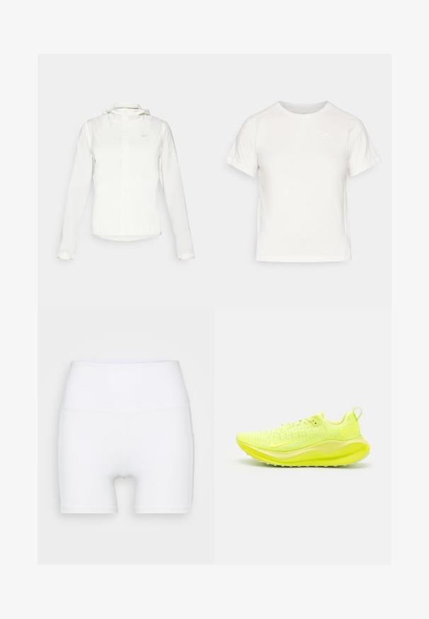 Balta Nike striukė su gobtuvu, pilnu užtrauktuku, elastingomis rankovėmis ir subtiliu logotipu ant krūtinės. Sklandi tekstūra ir lengvas dizainas.; Lengvas baltas marškinėliai trumpomis rankovėmis, apvaliu kaklu ir maža logo viršutiniame kairiajame kampe. Lygus audinys su subtiliu blizgesiu.; Balti aukšto juosmens šortai, pagaminti iš elastingos medžiagos. Yra lygus paviršius ir prigludęs siluetas, be papildomų raštų ar detalių.; Neon geltonos bėgimo bateliai su tekstūruota tinkline viršutine dalimi, paminkštintu padu ir kilpiniu kulno užsegimu, kad būtų lengviau apsiauti.